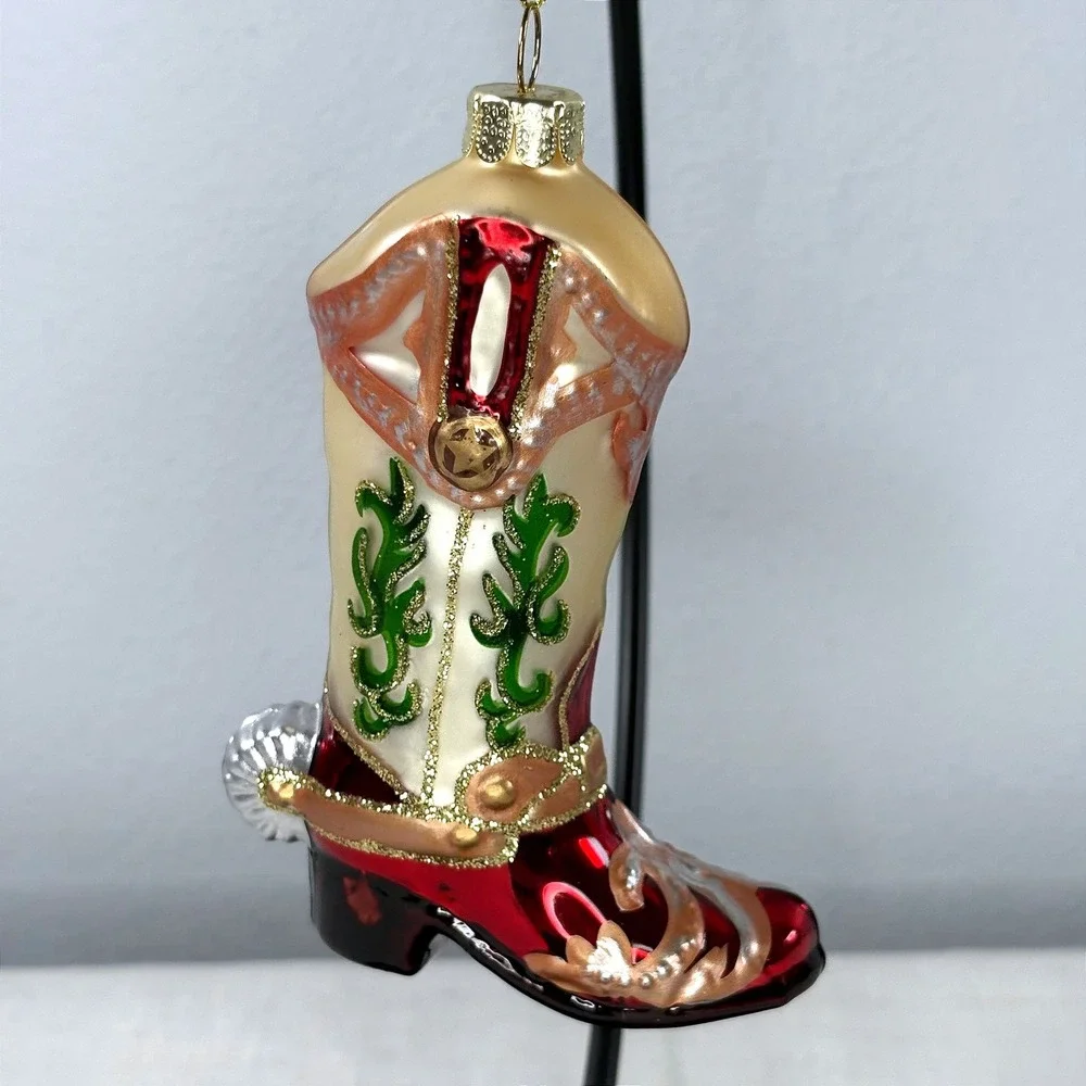 JS Red Cream Glass Cowboy Boot Christmas Ornament Western Spur Glitter Star JS